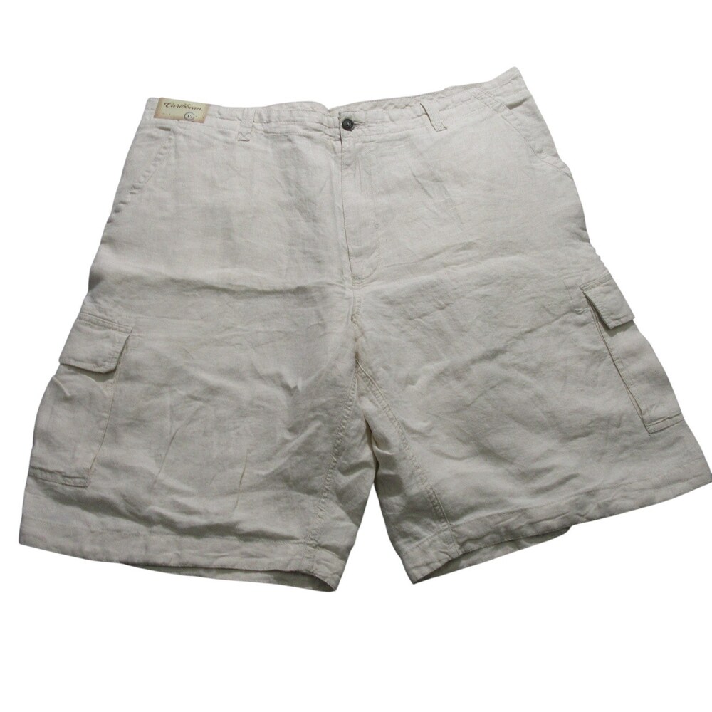 Caribbean‎ Mens Cargo Shorts 42 Beige Stretch 100% Linen Pockets